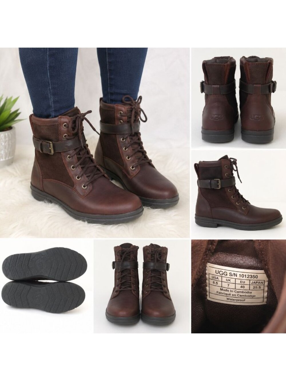 UGG Kesey waterproof boots in brown leather, a lace-up front buckle strap Sz 8.5